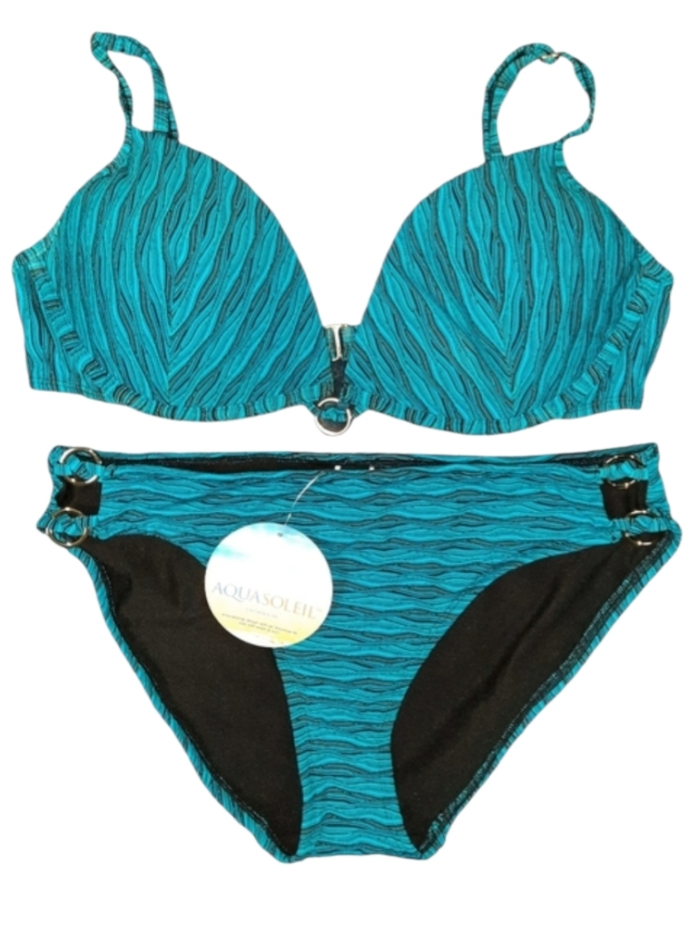 Aqua Soleil Turquoise Gold Ring Bikini 2PC Swimsuit NWT SZ L